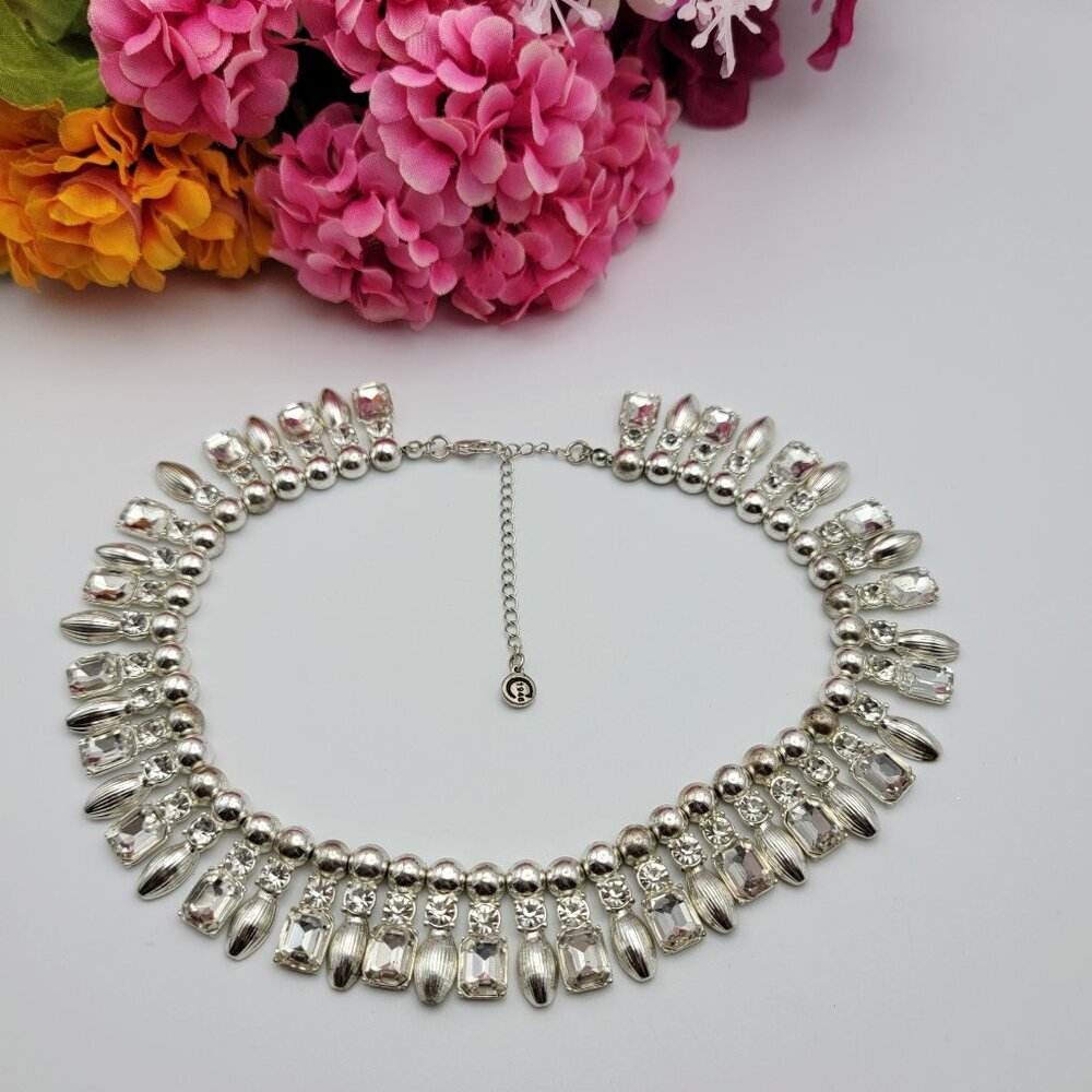 Charming Charlie Clear Crystal Statement Collar Necklace 16" Adj. Silver Tone
